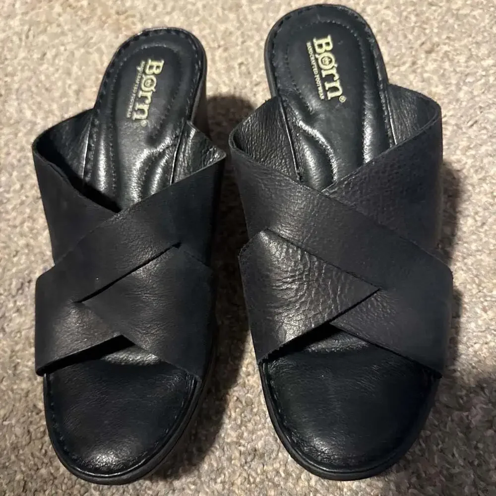 Born Black Leather Criss-Cross Wedge Sandals Mules Size 7
